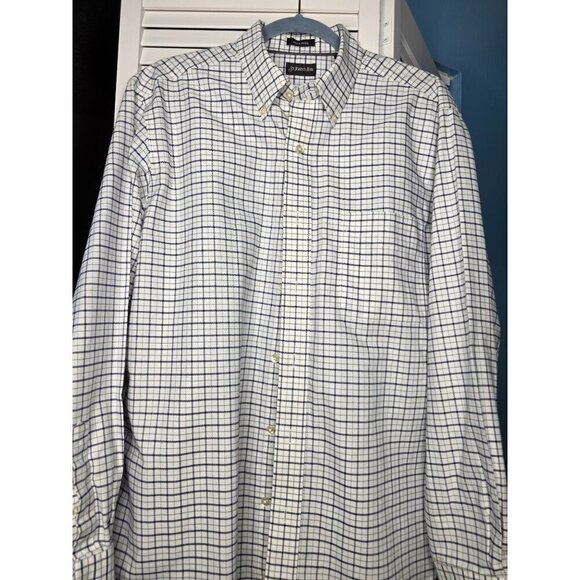 St. Johns Bay Iron-Free Medium Plaid Button-Down Shirt 100% Cotton White & Blue - Picture 9 of 16